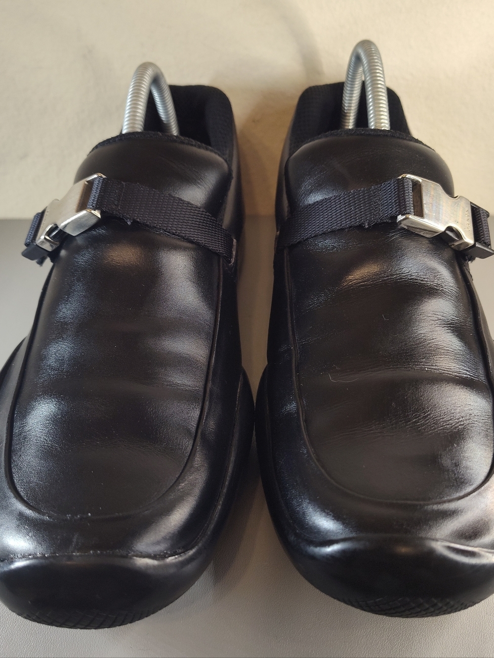 Prada Black Leather Slip-On Loafers with Silver Buckle Sz 9 - Picture 2 of 10